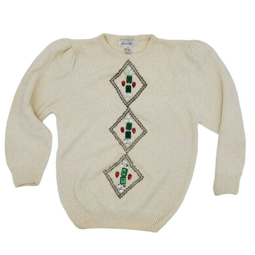 Vintage 1980s Gladys Bagley Angora Silk Jewel Beaded Ivory Sweater Medium